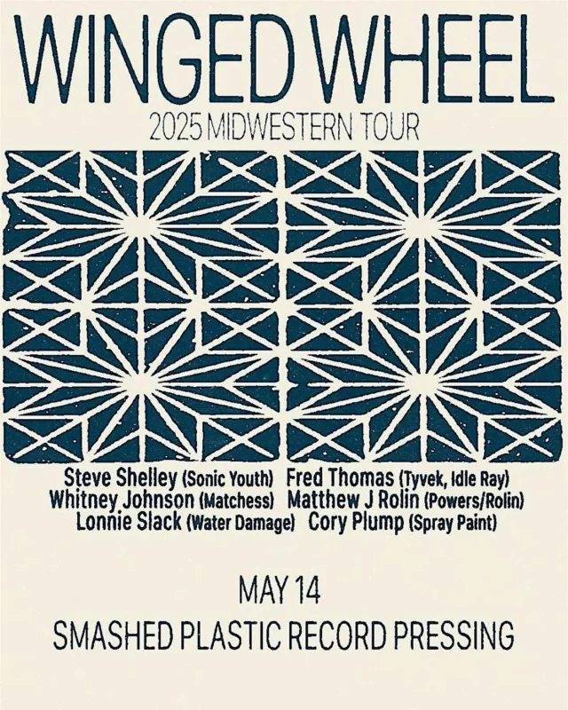 Grab yr tickets for this special show with WINGED WHEEL on 5/14! (link in bio linktree) repress of their amazing ‘Big Hotel’ LP coming soon. Don’t Die Wondering. @winged__wheel @12xurecs @smashedplastic #diyvinyl #diyvinylpressing #chicagopressingplant #pressedwithLOVEinChicago